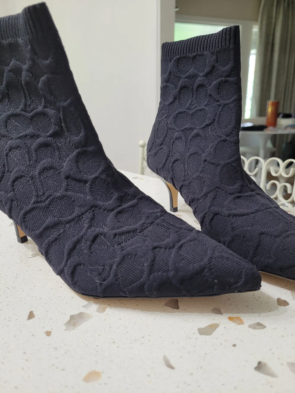 Coach Jade Knit Sock Pull On Pointed Toe Ankle Booties Black Monogram - Picture 3 of 6